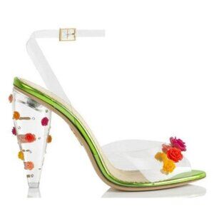 Charlotte Olympia Green Incy Rose Applique High Heels $770, Size 37 | 7